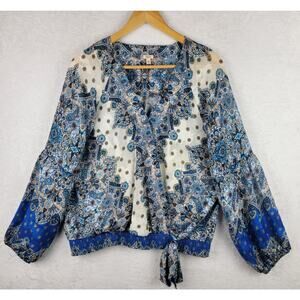 Reba XL Top Long Sleeves V Neck Pullover Blue Paisley Elastic Waist Casual